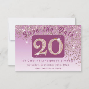 Shiny Rose Gold Glitzer zum 20. Geburtstag Save The Date