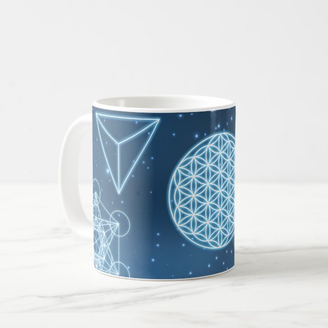 Shiny Sacred Geometry Universe Blue Funkel Kaffeetasse (Vorderseite Links)