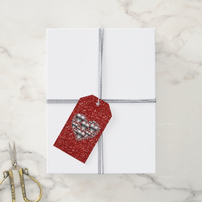 Shiny Silver Hearts Red Imitats Glitzer Geschenkanhänger (Mit Garn)