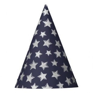 Shiny Silver Stars - Blue Background Party Hat Partyhütchen
