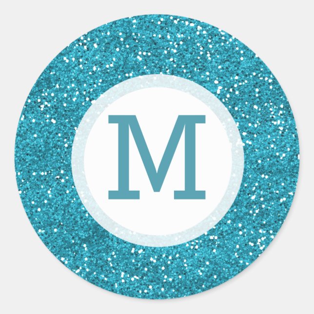Shiny Turquoise Blue Glitzer Mit Monogramm Runder Aufkleber (Vorderseite)