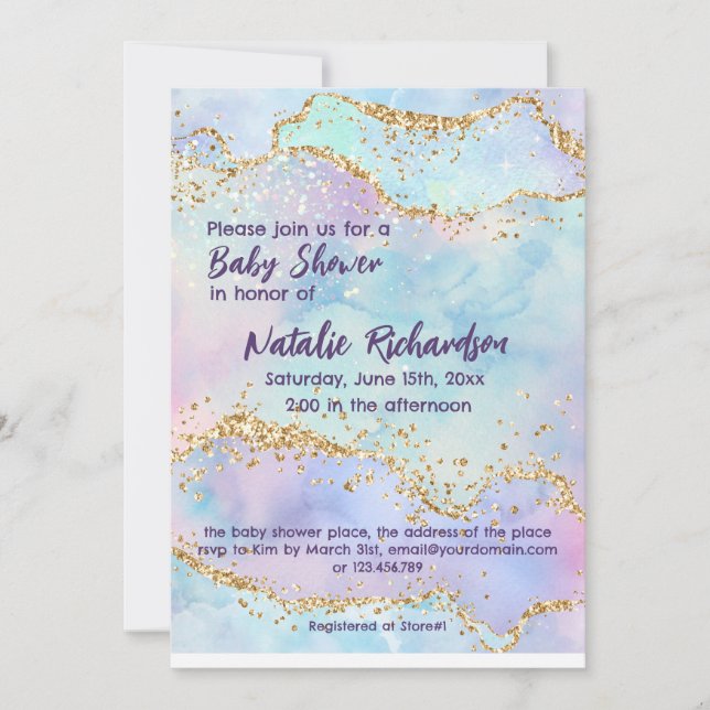 Shiny Watercolor Glitzer Lila Girls Babydusche Einladung (Vorderseite)