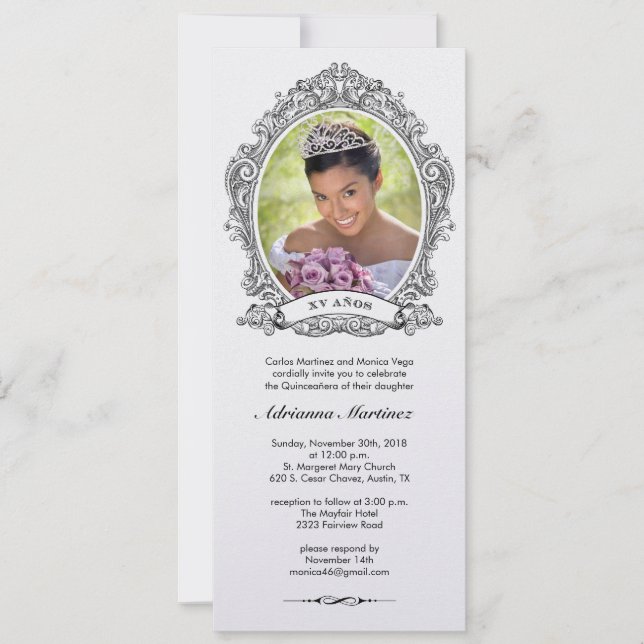 Shiny White and Black Quinceanera Foto Einladung (Vorderseite)