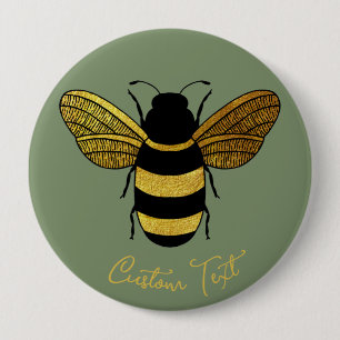 SHINY YELLOW GOLD BLACK BUMBLEBEE CUSTOM TEXT BEE BUTTON
