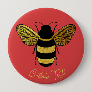 SHINY YELLOW GOLD BLACK BUMBLEBEE CUSTOM TEXT BEE BUTTON