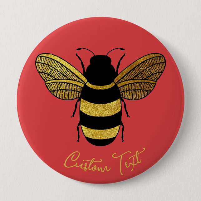 SHINY YELLOW GOLD BLACK BUMBLEBEE CUSTOM TEXT BEE BUTTON (Vorderseite)