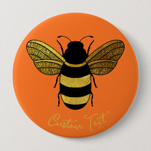 SHINY YELLOW GOLD BLACK BUMBLEBEE CUSTOM TEXT BEE BUTTON