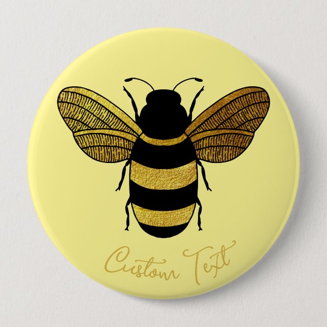 SHINY YELLOW GOLD BLACK BUMBLEBEE CUSTOM TEXT BEE BUTTON (Vorderseite)