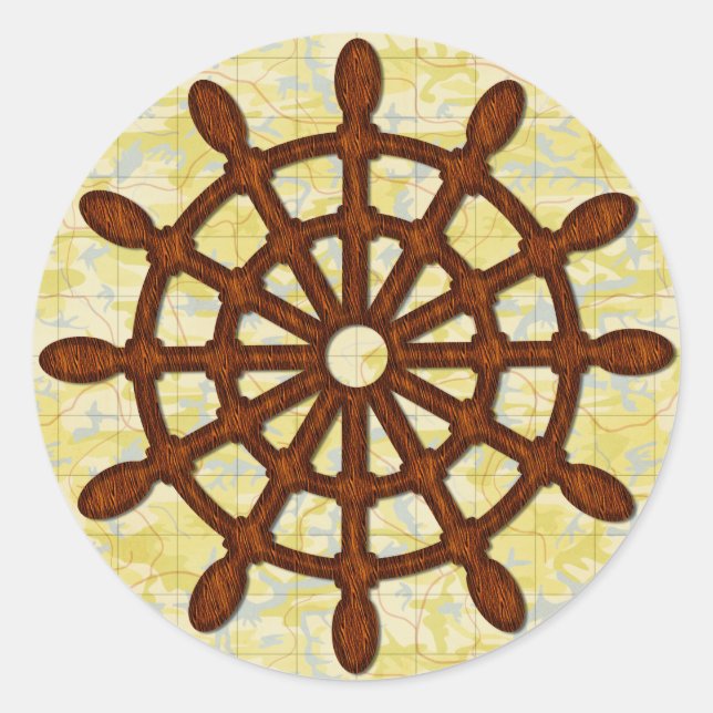 Ship Helm Wheel in Wood Old Map Nautical Seafaring Runder Aufkleber (Vorderseite)