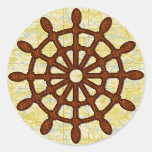 Ship Helm Wheel in Wood Old Map Nautical Seafaring Runder Aufkleber