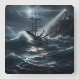 Ship in a storm guided by lighthouse - quadratische wanduhr