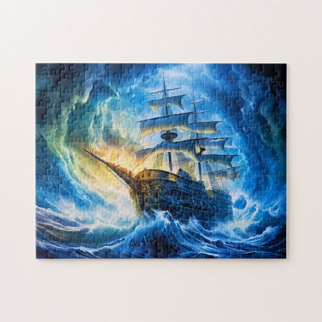 Ship in Glowing Blue Ocean Fantasy Painting (Horizontal)