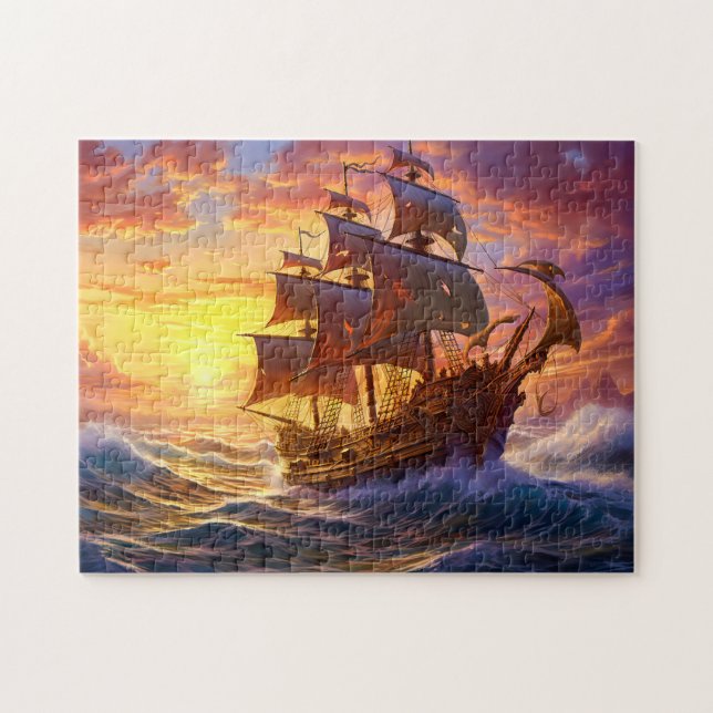 Ship in Golden Sunset Storm Fantasy Painting (Horizontal)