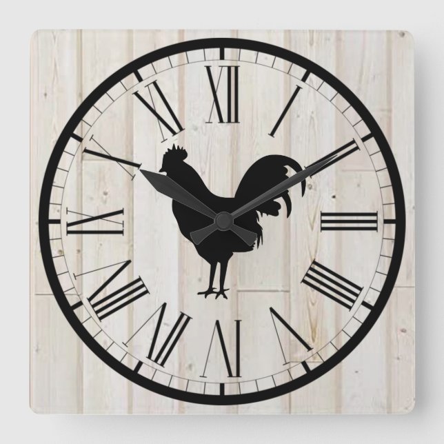 Shiplap Look Farm Rooster Design Wall Clock Quadratische Wanduhr (Vorderseite)