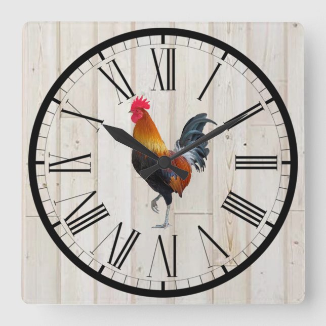 Shiplap Look Farm Rooster Design Wall Clock Quadratische Wanduhr (Vorderseite)