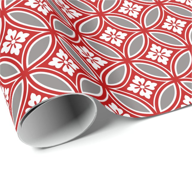 Shippo mit Blume Motif, Rot, Weiß und Grau Geschenkpapier (Rolleneckpunkt)