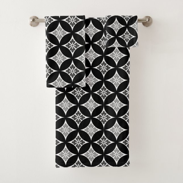 Shippo mit Blume Motif, Schwarz, Weiß und Grau Badhandtuch Set (Insitu)