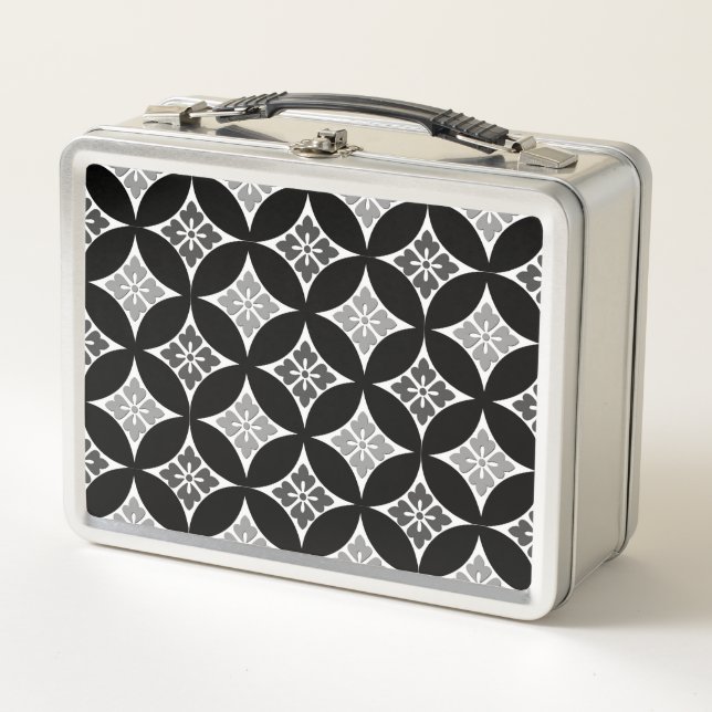 Shippo mit Blume Motif, Schwarz, Weiß und Grau Metall Lunch Box (Vorderseite)
