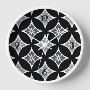 Shippo mit Blume Motif, Schwarz, Weiß und Grau Wanduhr