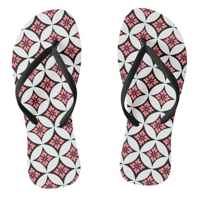 Shippo mit Blume Motif, Schwarz, Weiß und Rosa Flip Flops (Fußbett)