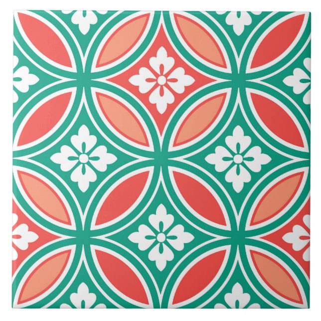 Shippo mit Blumen-Motiv, Türkis und Koralle Fliese (Vorderseite)