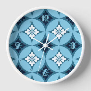 Shippo mit Blumenmotiv, Blau und Weiß Wanduhr