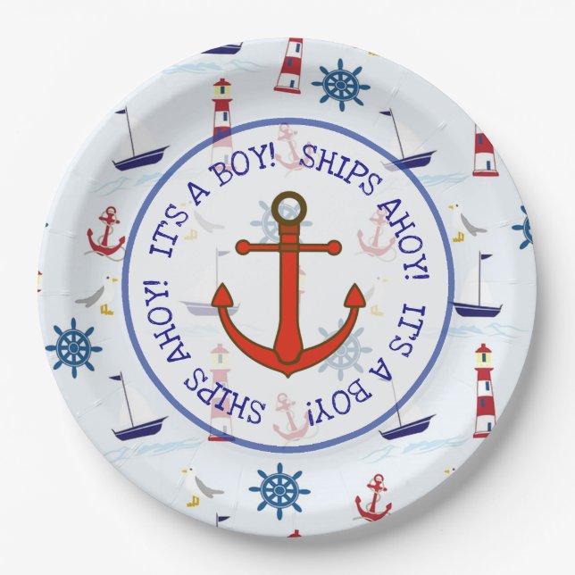 Ships Ahoy Es ist ein Junge, Nautical Oceanic Baby Pappteller (Vorderseite)