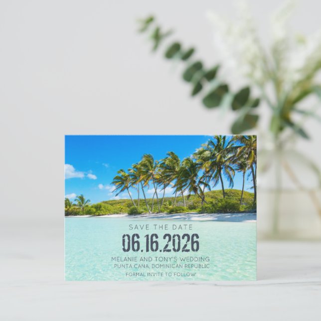 Shipwrecked Beach Destination Speichern Sie die Da Ankündigungspostkarte (Stehend Vorderseite)