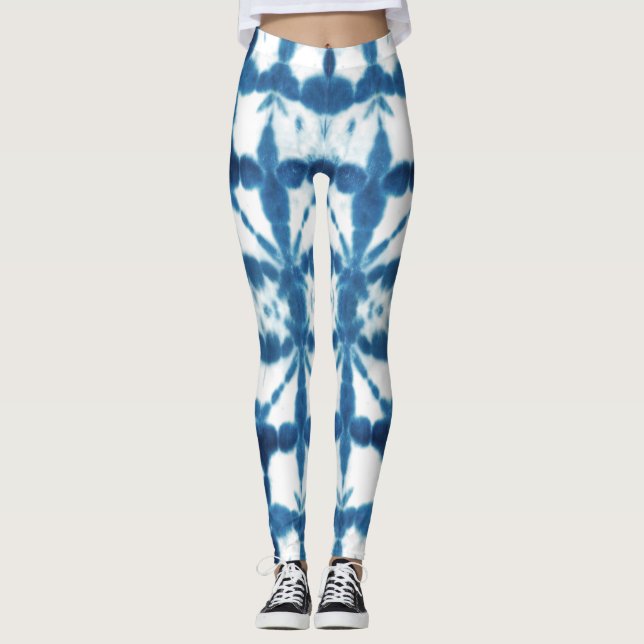 Shobori Blue Gefärbte Krawatte Print Pattern Leggings (Vorderseite)