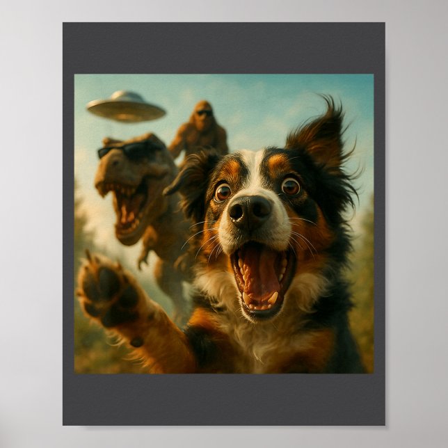 Shocked Australian Shepherd Dog T-rex Bigfoot Ufo  Poster (Vorne)
