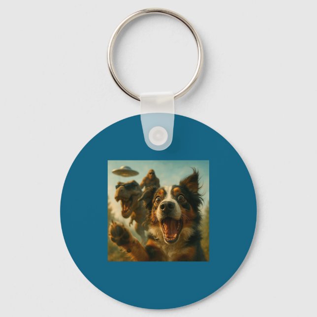 Shocked Australian Shepherd Dog T-rex Bigfoot Ufo  Schlüsselanhänger (Vorderseite)