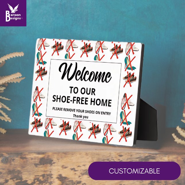SHOE-FREE ZUHAUSE-Willkommens Fotoplatte (Tactful WELCOME to SHOE-FREE HOME plaque with CUSTOMIZABLE TEXT to add family name and other text.)