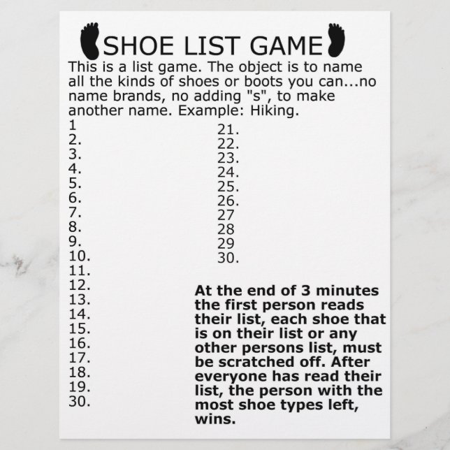 SHOE-LISTE-SPIEL BRIEFBOGEN (Vorderseite)