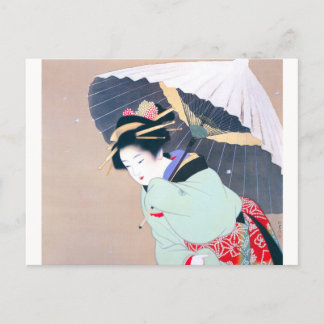 Shoen Uemura 上村松園 冬 雪 傘 着物 女性 舞妓 芸者 日本画 美人画 浮世絵 緑 Postkarte