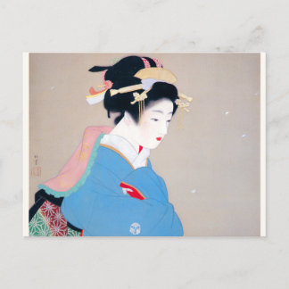 Shoen Uemura 上村松園 着物 女性 冬 雪 舞妓 芸者 日本画 美人画 浮世絵 青 Postkarte