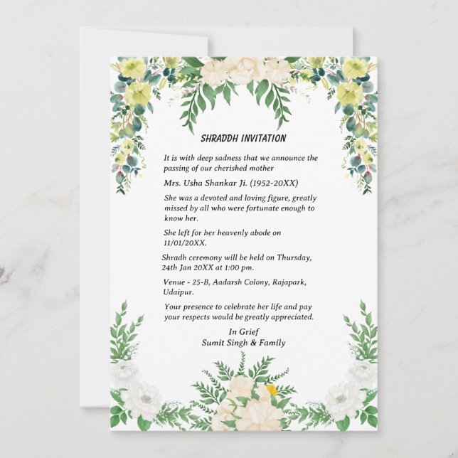 Shok Sandesh Hindu Shraddh Einladung (Vorderseite)