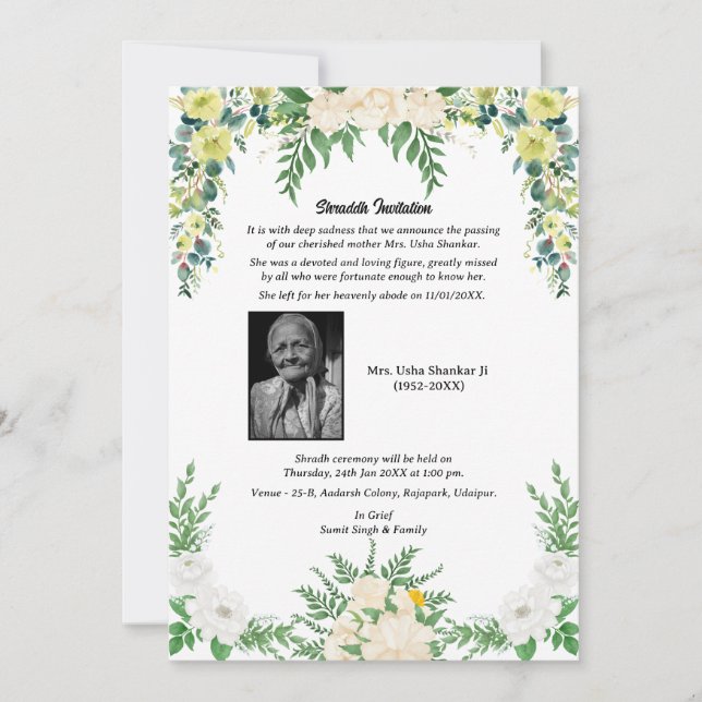 Shok Sandesh Hindu Shraddh Einladung (Vorderseite)