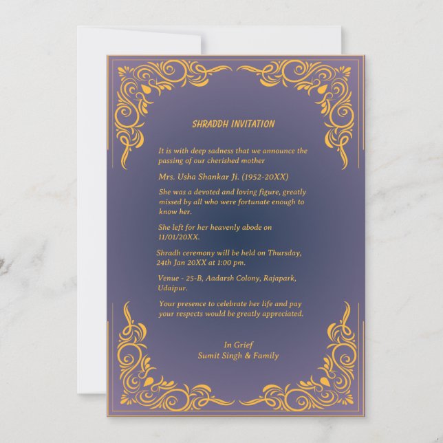 Shok Sandesh Hindu Shraddh Einladung (Vorderseite)