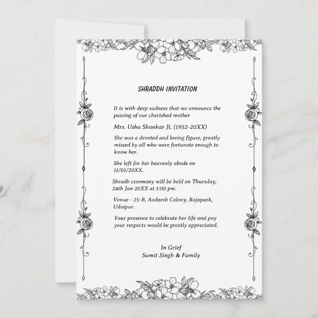 Shok Sandesh Hindu Shraddh Einladung (Vorderseite)