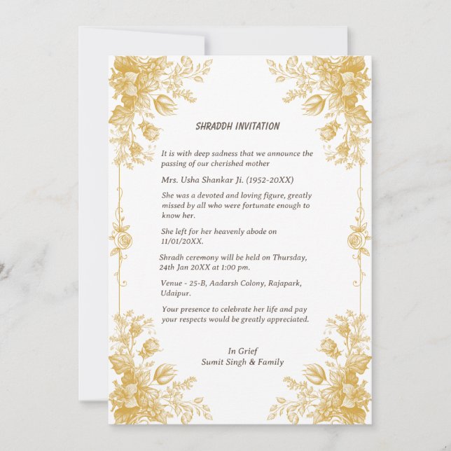 Shok Sandesh Hindu Shraddh Einladung (Vorderseite)