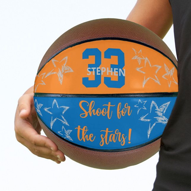 Shoot for Stars Blue Orange Gray Personalisiert Basketball (Von Creator hochgeladen)