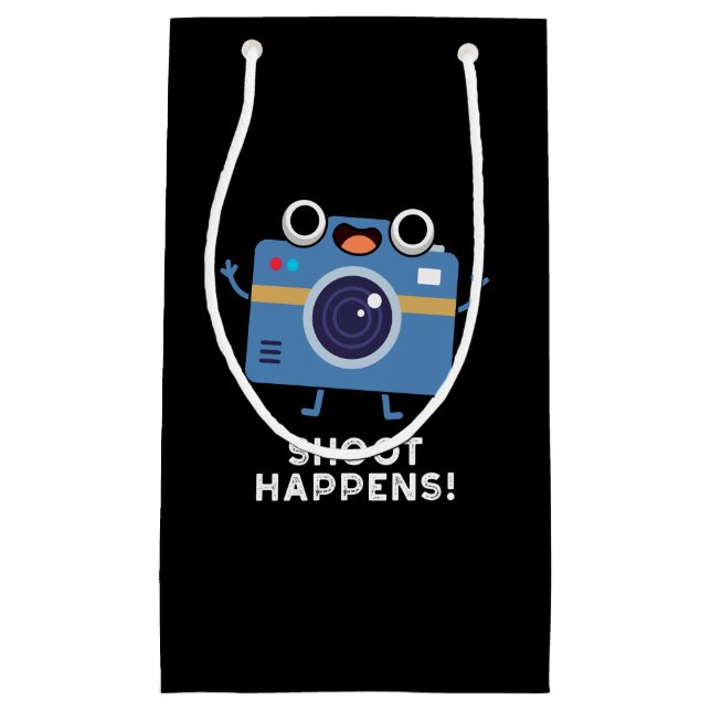 Shoot Happens Funny Camera Puff Dark BG Kleine Geschenktüte (Vorderseite)