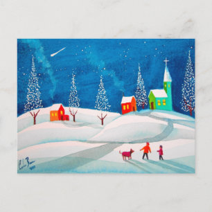 Shooting Star Folk Naive Kunst Winterschneeszene Postkarte