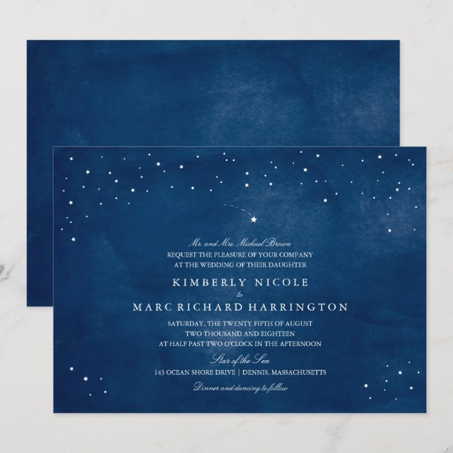 Shooting Star Navy Blue Watercolor Hochzeit Einladung (Vorne/Hinten)