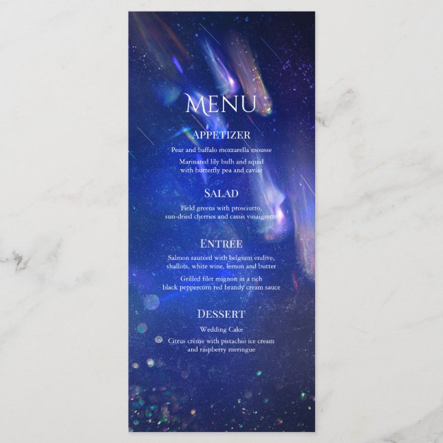 Shooting Stars Celestial Galaxy Hochzeit Menükarte (Vorderseite)