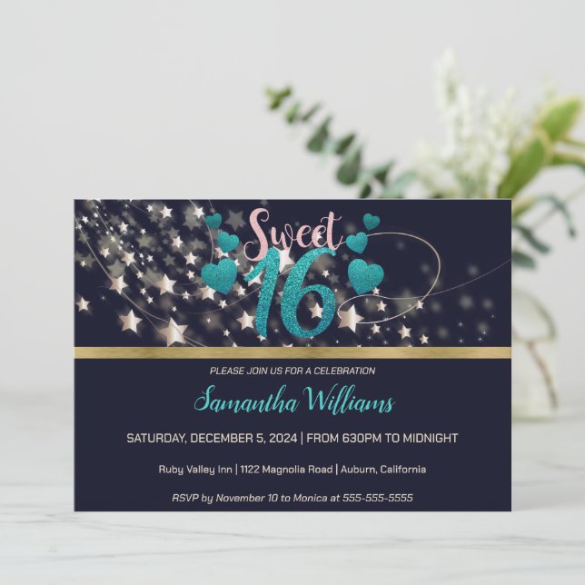 Shooting Stars Sweet 16 Einladung (Stehend Vorderseite)