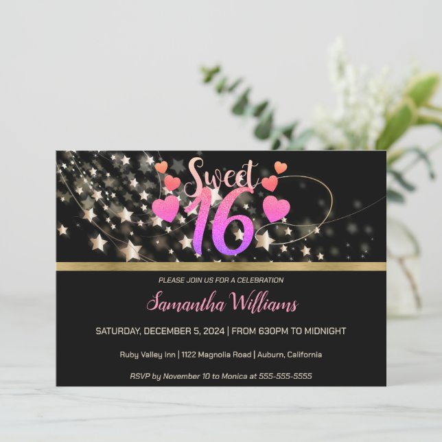 Shooting Stars Sweet 16 Einladung (Stehend Vorderseite)