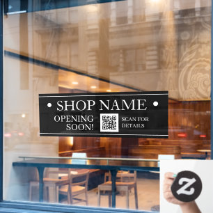 SHOP NAME, Opening bald, QR Code, Black & White Fensteraufkleber