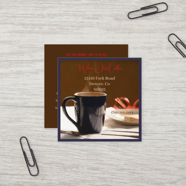 Shop Zeitung & Gläser Cafe Barista Kaffee Quadratische Visitenkarte (Vorderseite/Rückseite Beispiel)