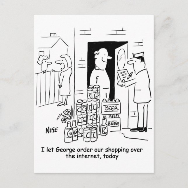Shopping im Internet. Der Mensch kauft nur Bier. Postkarte (Vorderseite)